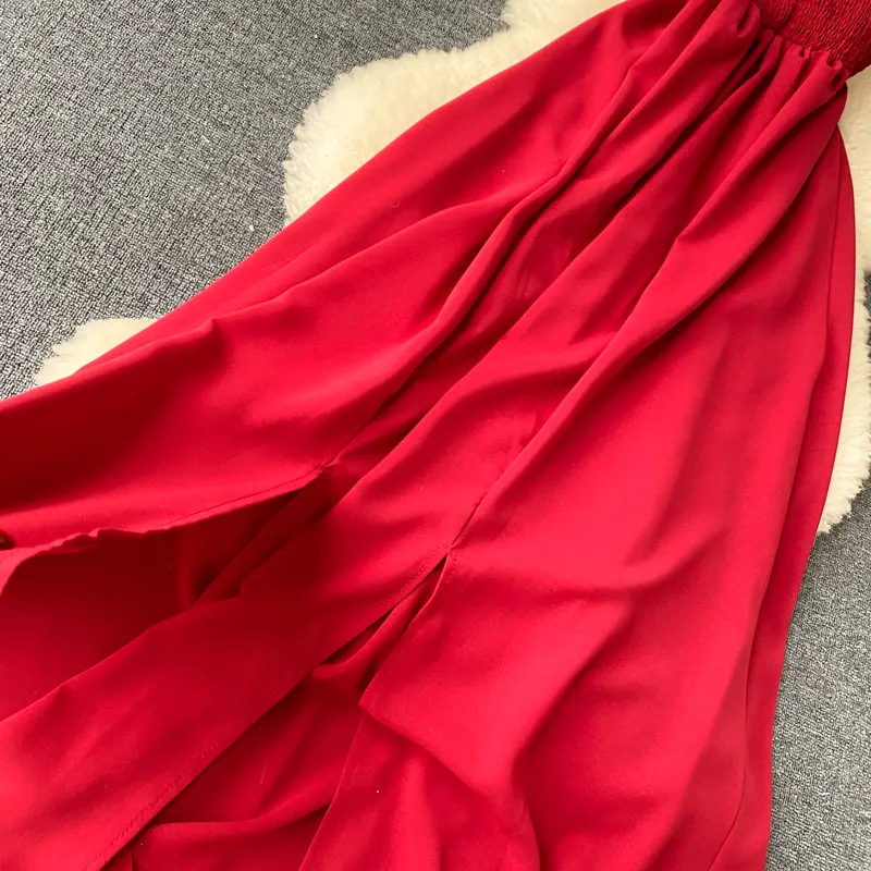 High Waist Slash Neck Women Long Dress Elegant Big Swing A-line Vestidos Verano Vintage Green/Red Party Robe For Female