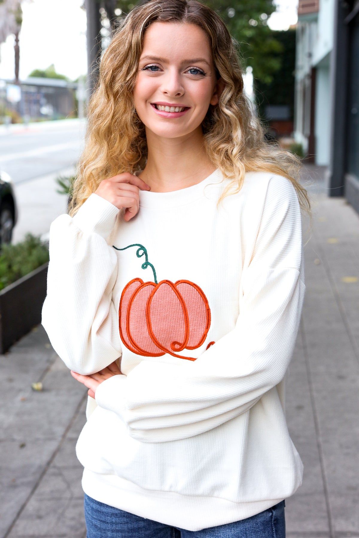 Maxct &Halloween Lovely Ivory Embroidered Pumpkin Knit Sweater