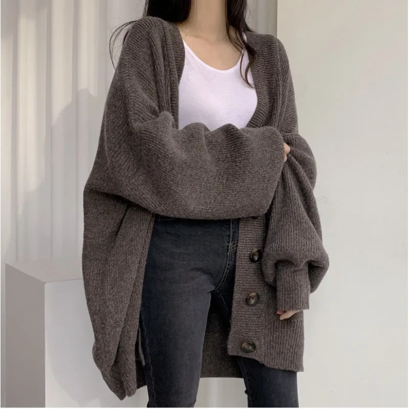 Maxct Preppy Solid Color V Neck Baggy Cardigan