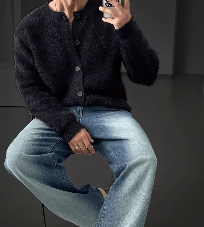 Unisex Brushed-Mohair Round-Neck Cardigan