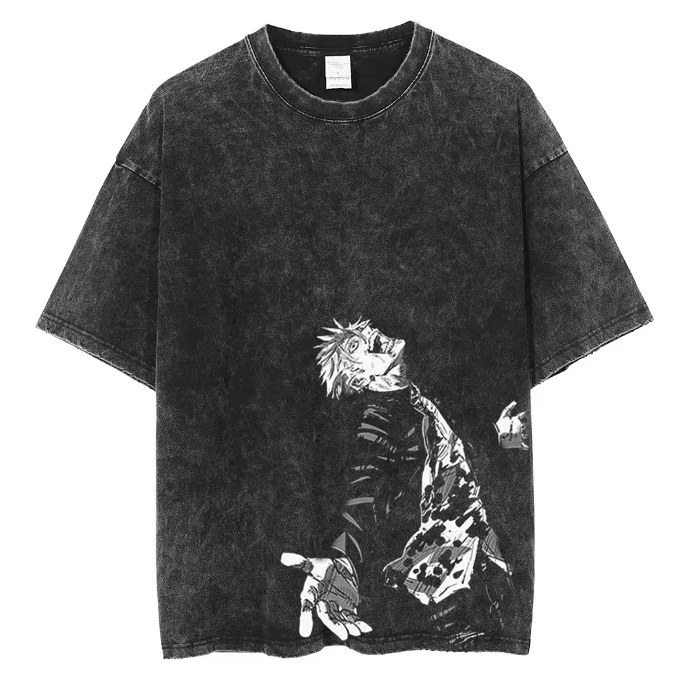 Hip Hop Streetwear Summer Short Sleeve Vintage T-Shirt Japanese Anime Graphic Print TShirt Men Harajuku Casual Loose Washed Tees