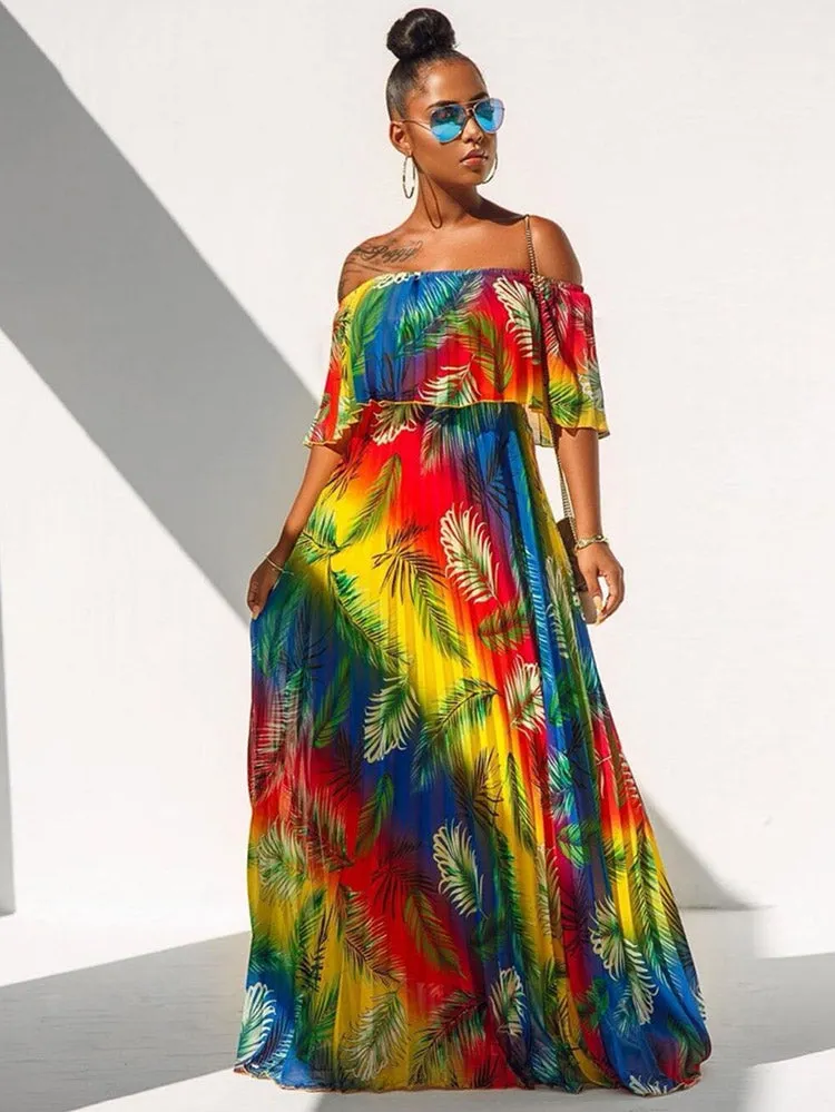 Off Shoulder Colorful Ombre Pleated Maxi Dress Maxct