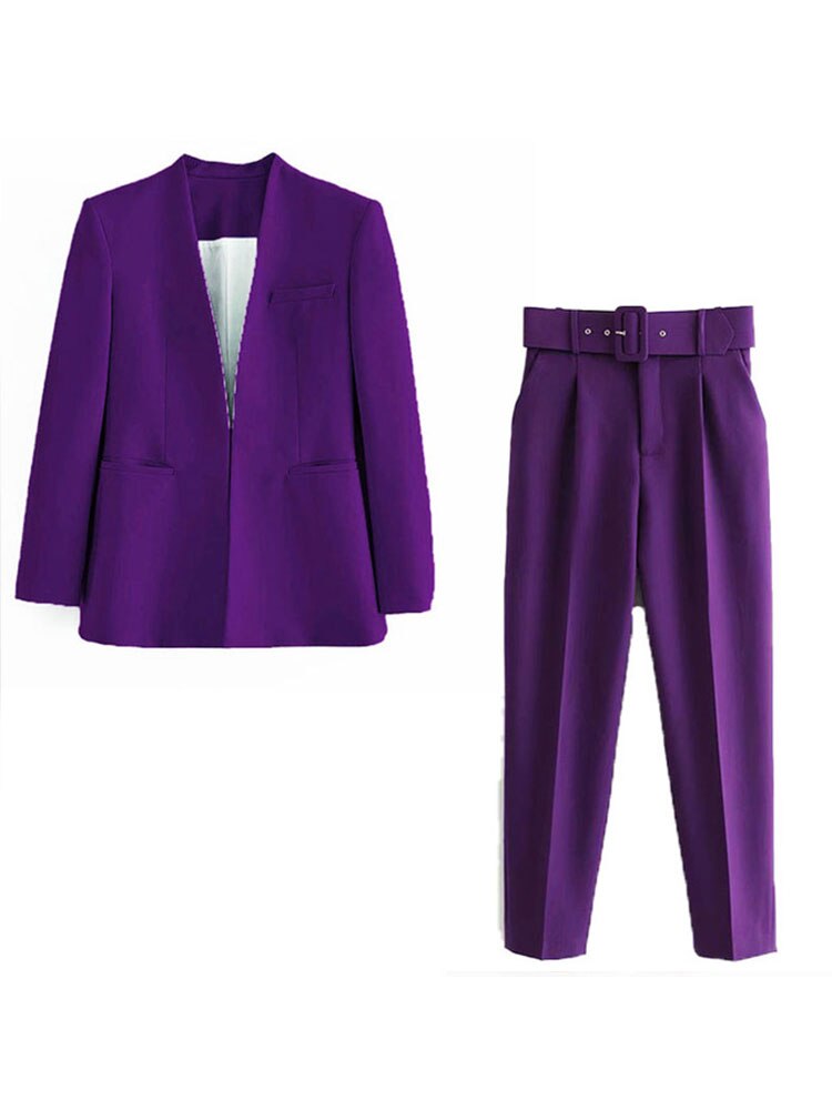 Maxct 2024 Women Fashion Two Pieces Sets Office Wear Blazers Coat And With Belt High Waist Pants Female