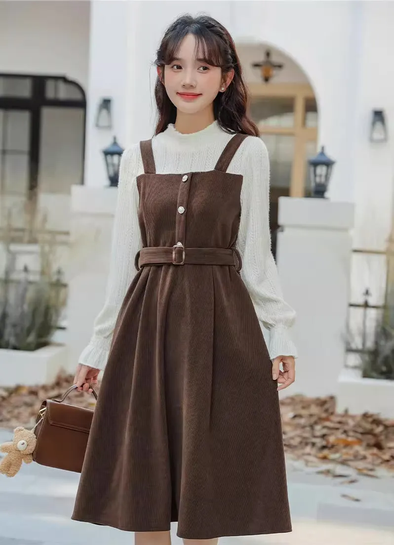 Corduroy Knit Belted Twofer Midi Dress Maxct