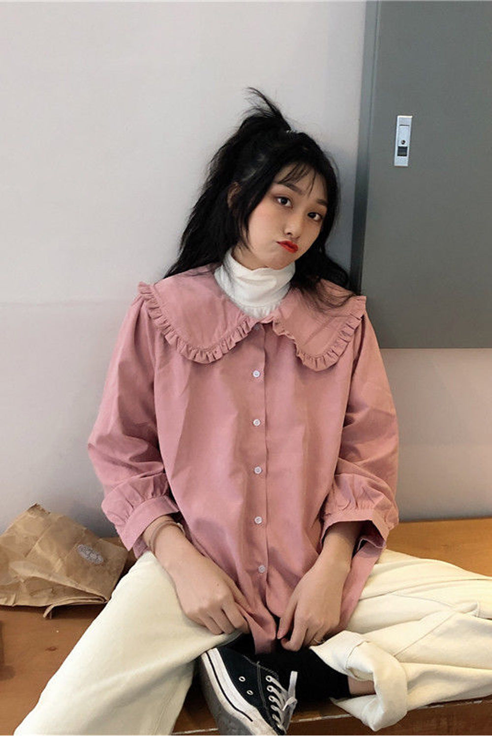 Solid Blouse Peter Pan Collar Shirt Maxct
