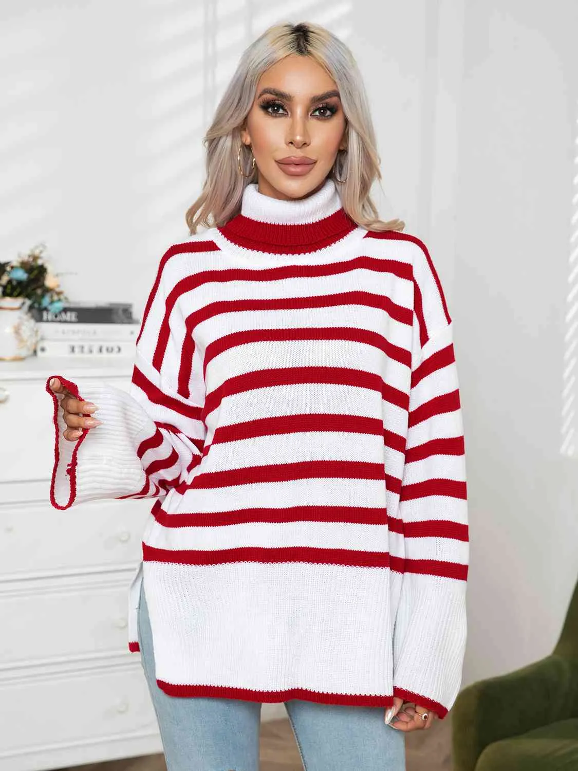 Maxct &Striped Slit Turtleneck Drop Shoulder Sweater