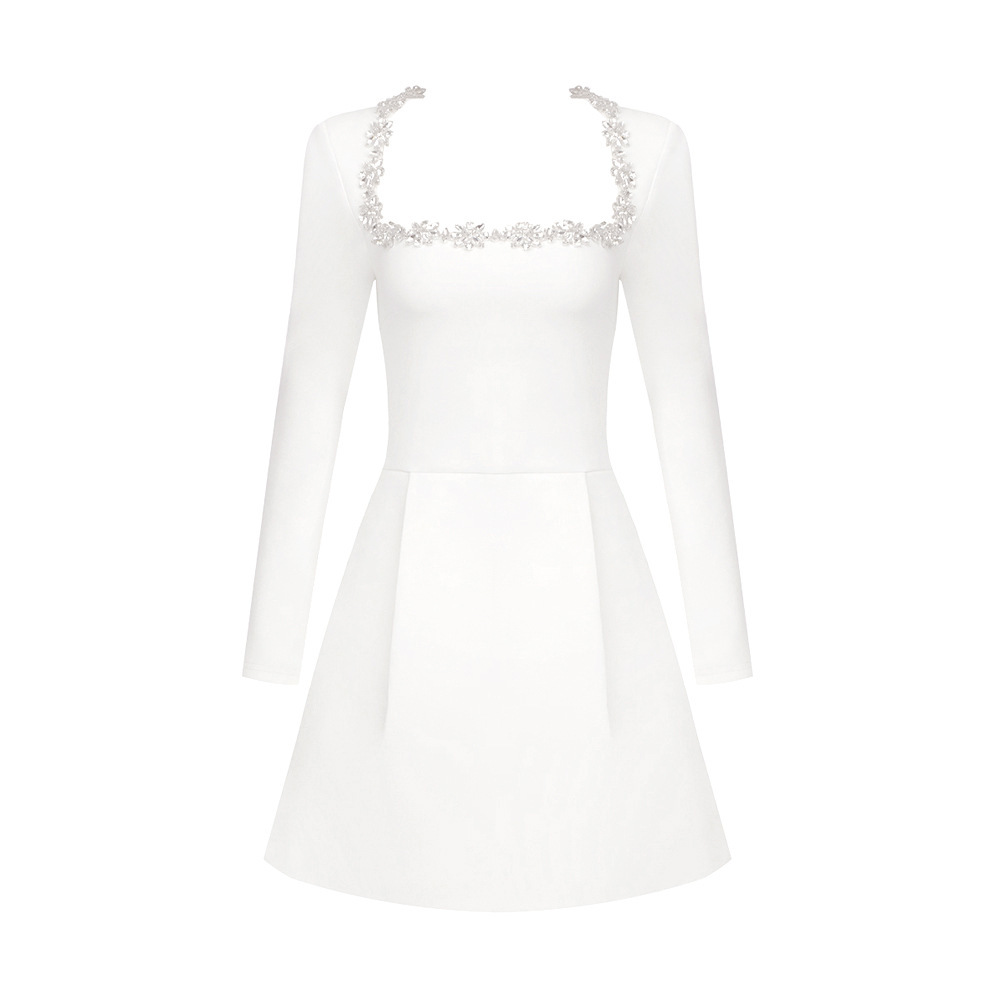 2024 New Women's White French Square Collar Diamond Long Sleeve Bandage Dress Summer High-end Sense