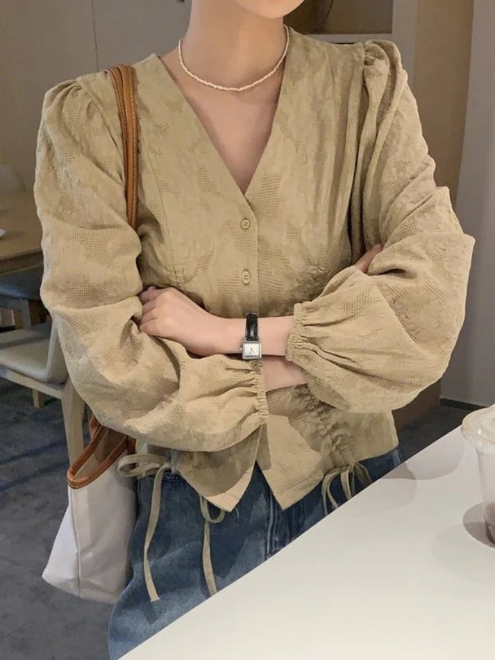 Maxct Lace Up Button Front Long Sleeve Blouse
