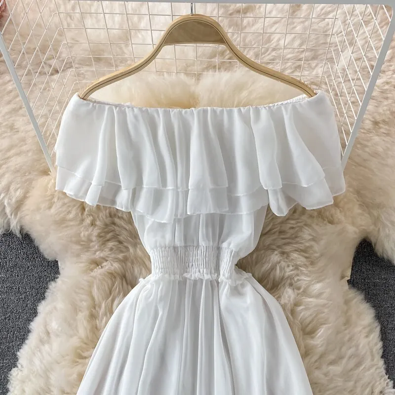 Chiffon Dress Women Sexy Slash Neck Ruffle Robe Elegant Ruffle High Waist Vestidos Female Beach Vacation New