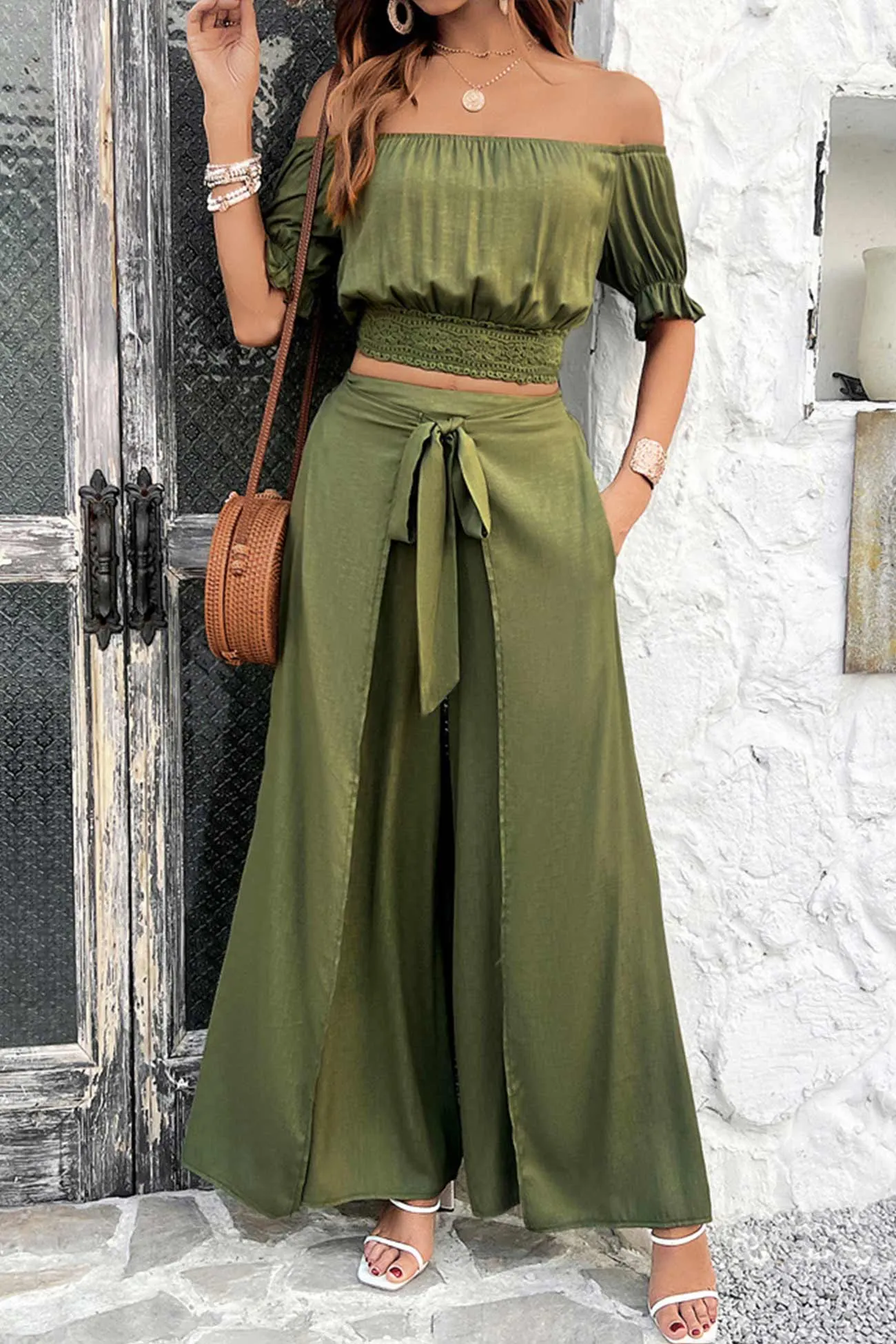 Maxct Off-shoulder Crop Top Tie-up Pants Suits