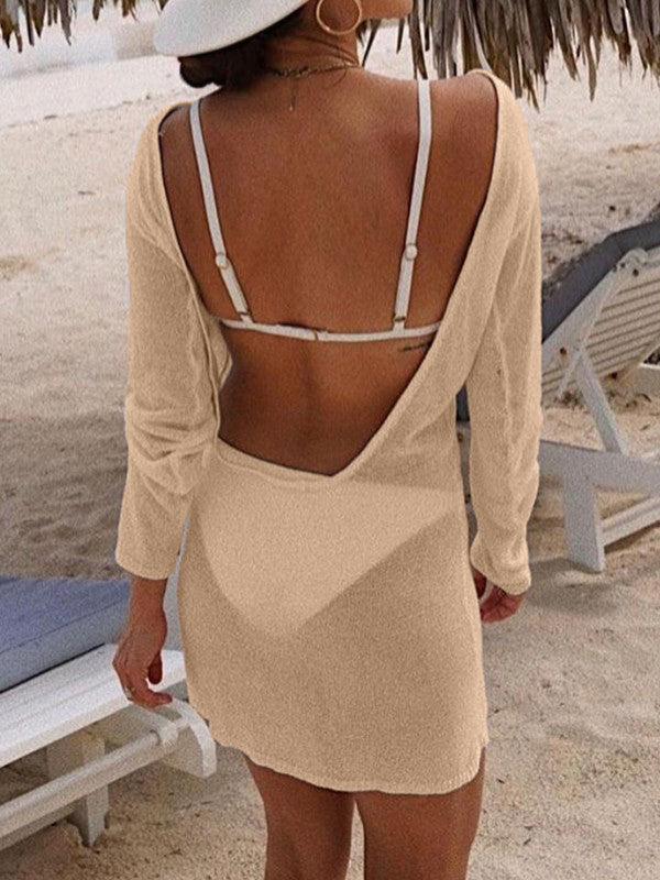 White Backless Long Sleeve Cover Up Dress Maxct