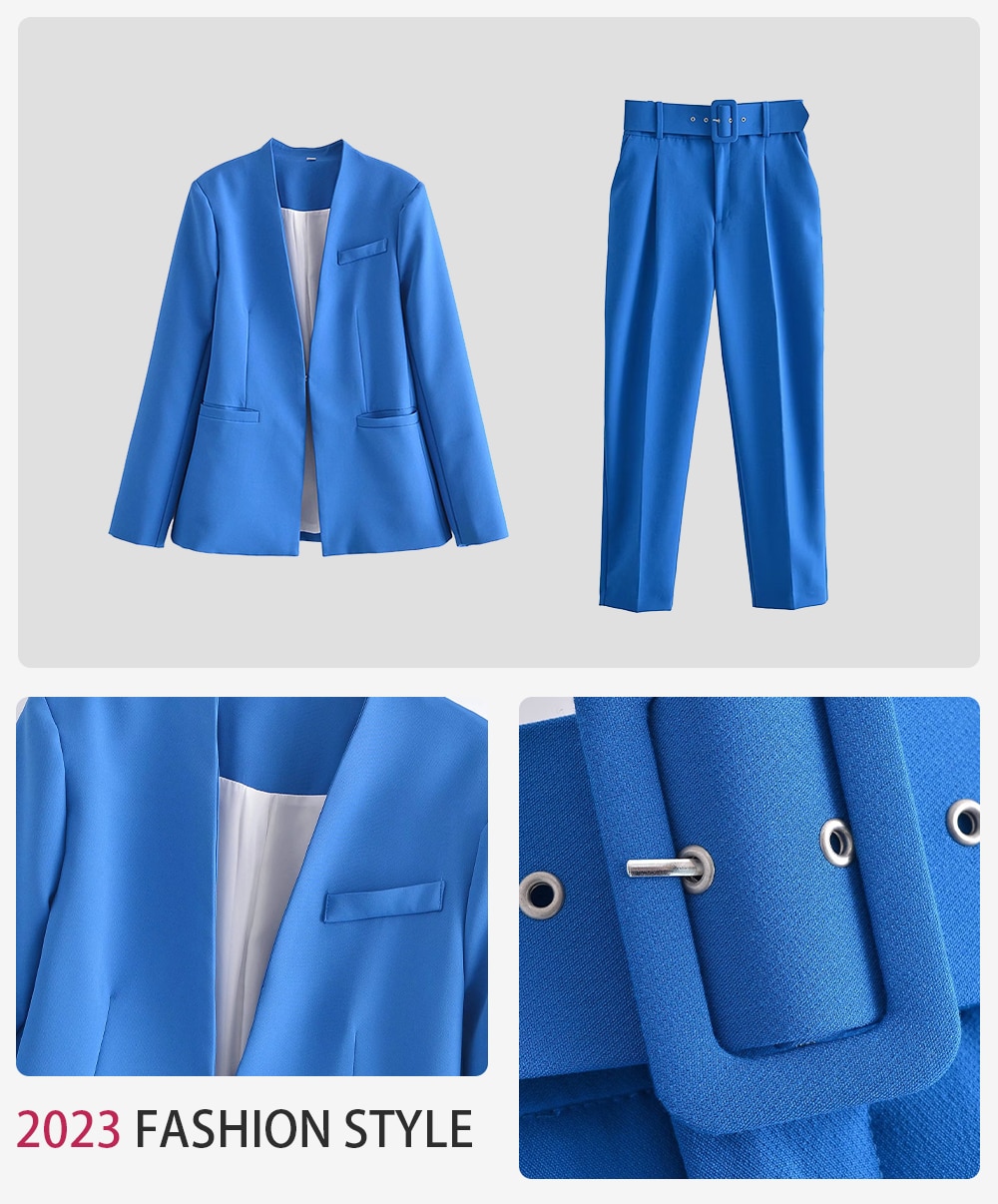 2024 Women Fashion Two Pieces Sets Office Wear Blazers Coat And With Belt High Waist Pants Female