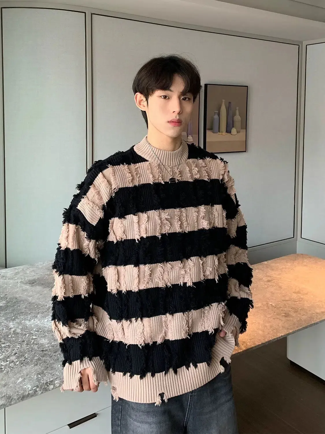 Maxct Half Turtleneck Striped Destroyed Sweater