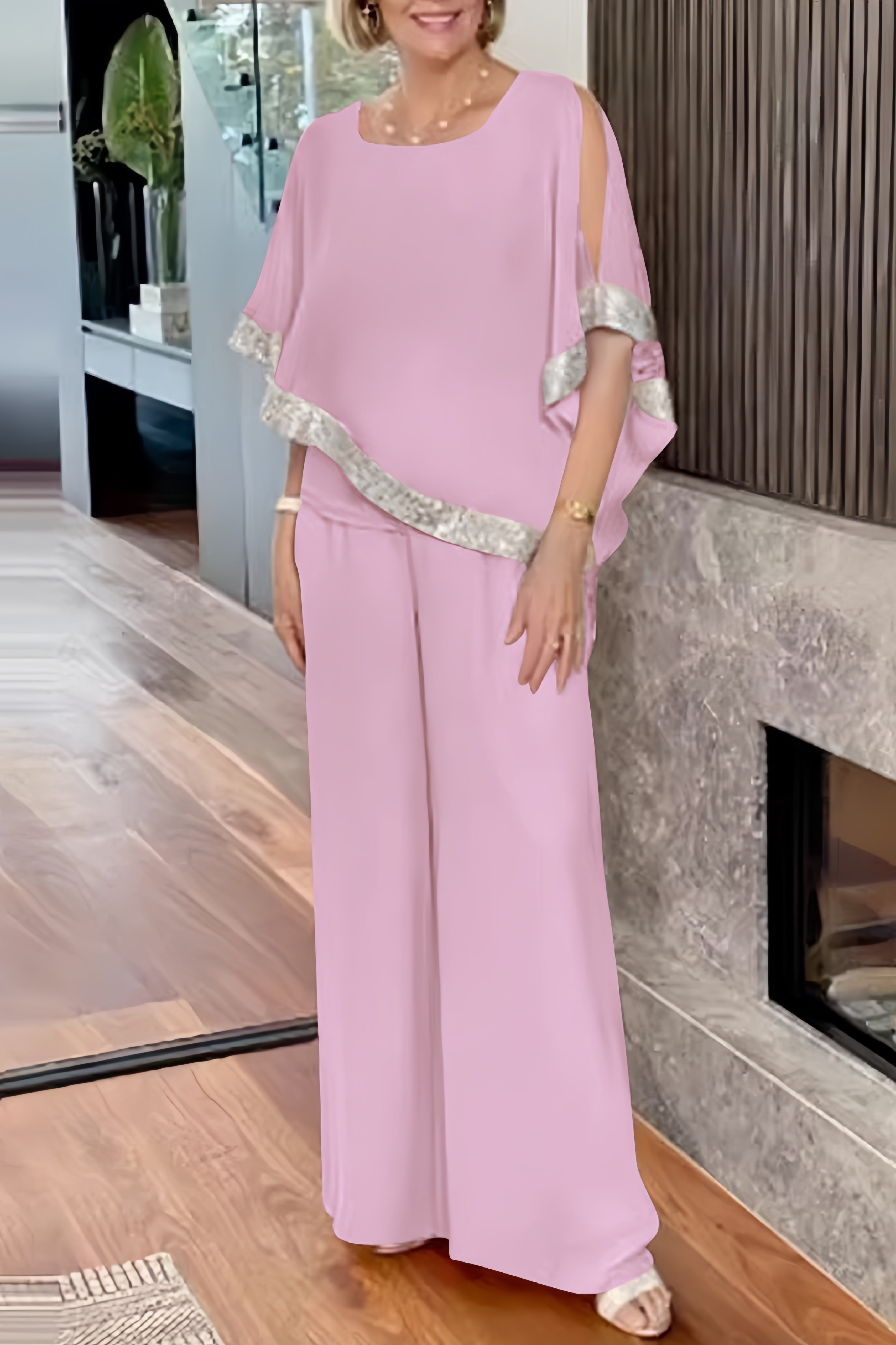Maxct Sequins Patchwork Slit Bat Sleeve Long Pants Suits