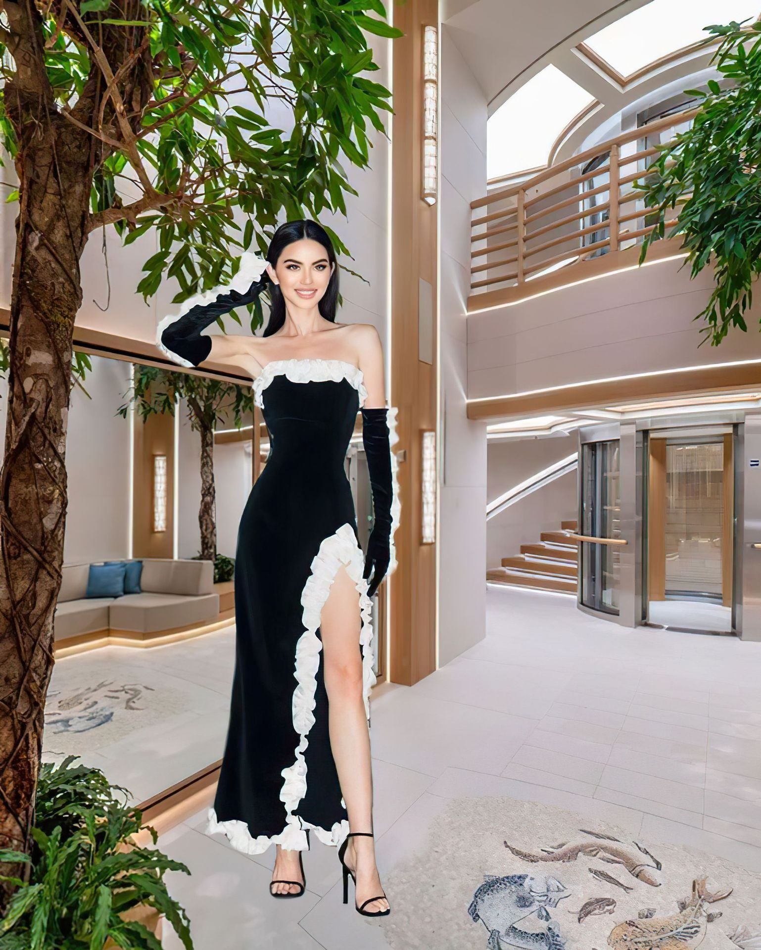 Maxct European And American-style Women's Clothing White Wood-ear Edge Bandage Dress High-class French Nightclub Party Evening Dress Burst