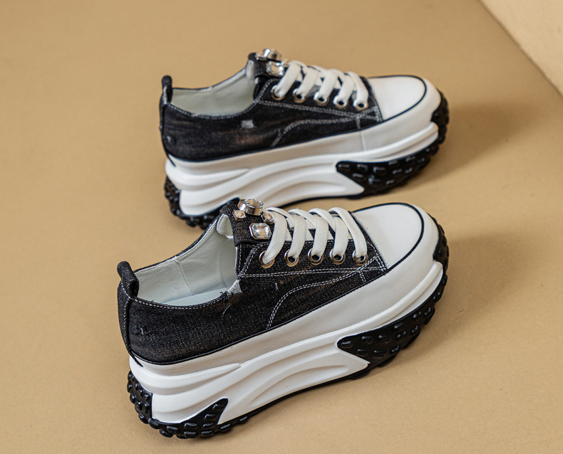 Blinged Out: 6cm Denim Leather Chunky Platform Sneakers - true deals club