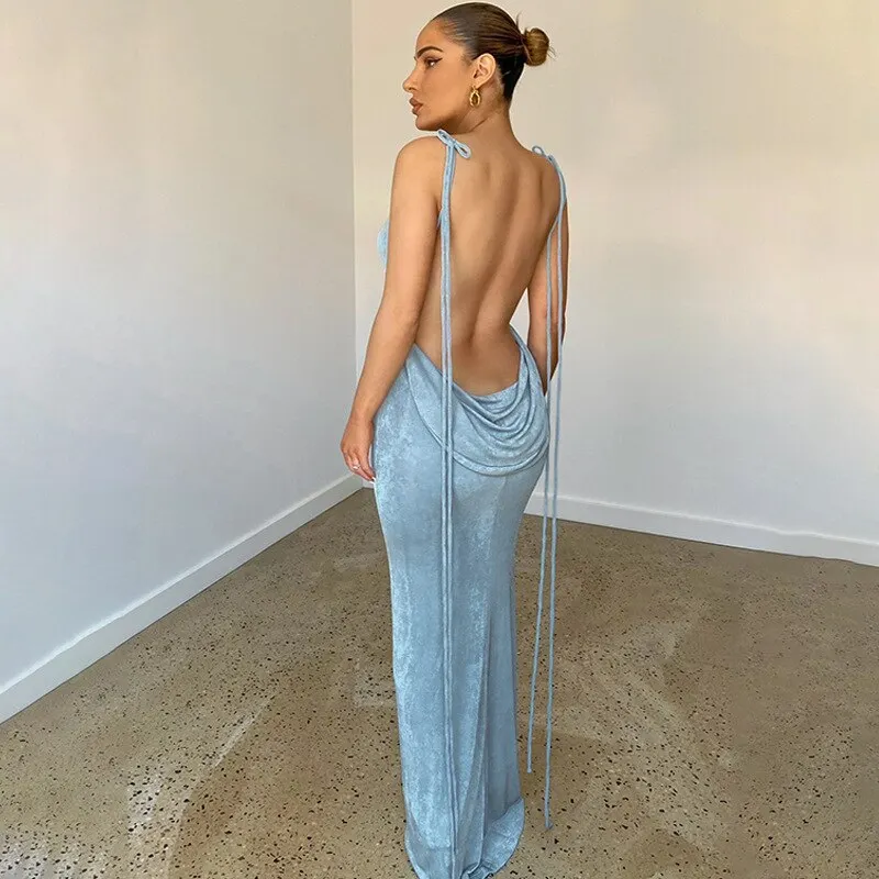 Elegant Fashion Halter Sexy Backless Draped Maxi Dress Women Summer Club Party Long Straps Shift Dresses Clothes