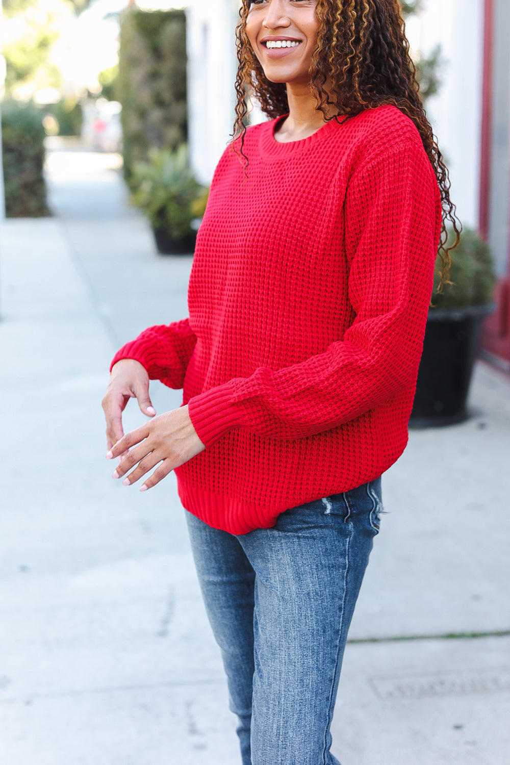 Maxct &All Present Christmas Red Waffle Knit Hi-Low Sweater