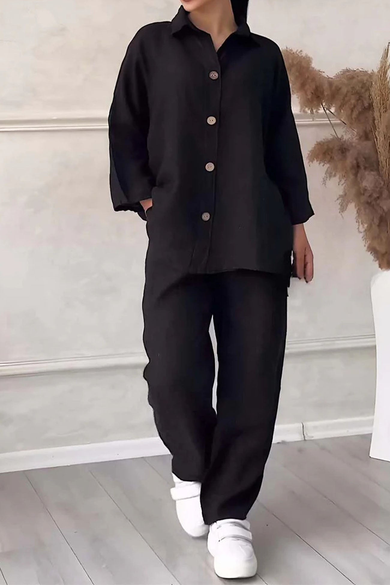 Maxct Solid Color Lapel Button Down Wide Leg Pants Set