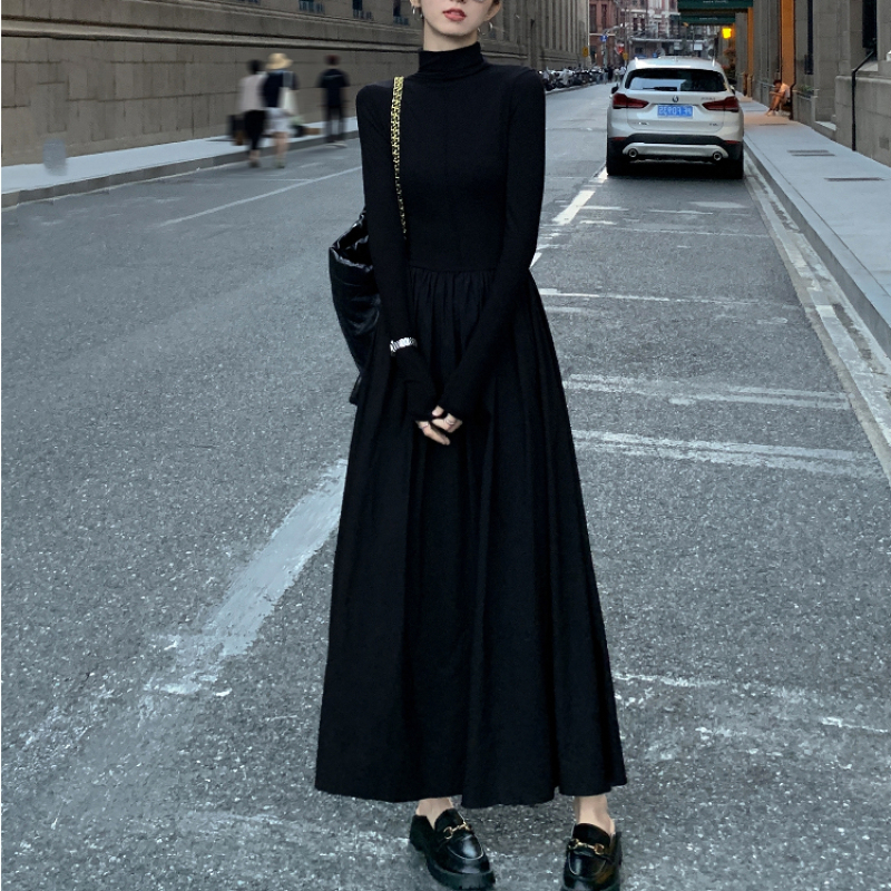 Maxct New Autumn French Midi Dresses Women Elegant Chic Turtleneck Fashion Casual A-Line Black Long Sleeve Cotton Female Clothing