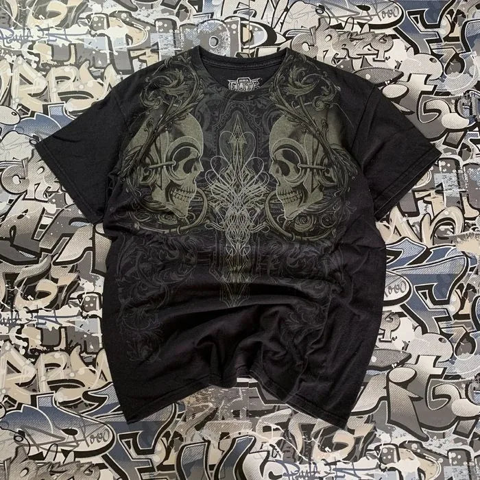 Maxct Harajuku Summer Casual Retro Hip Hop Grunge Skulls Cross Graphic T Shirt for Men Vintage Fashion Streetwear Short Sleeve Top