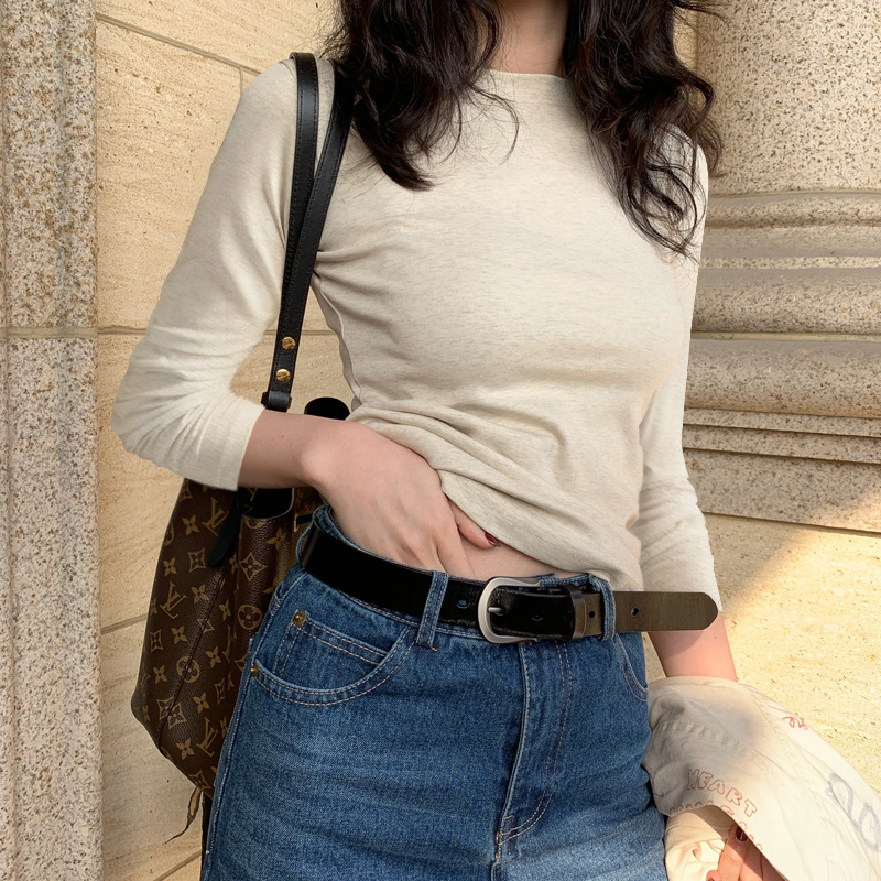 Maxct Shoulder T-Shirt Women's Spring and Autumn Outer Wearing Tight Waist Slim-Fit Pure Cotton Winter Inner Base Shirt New Long Sleeve Top