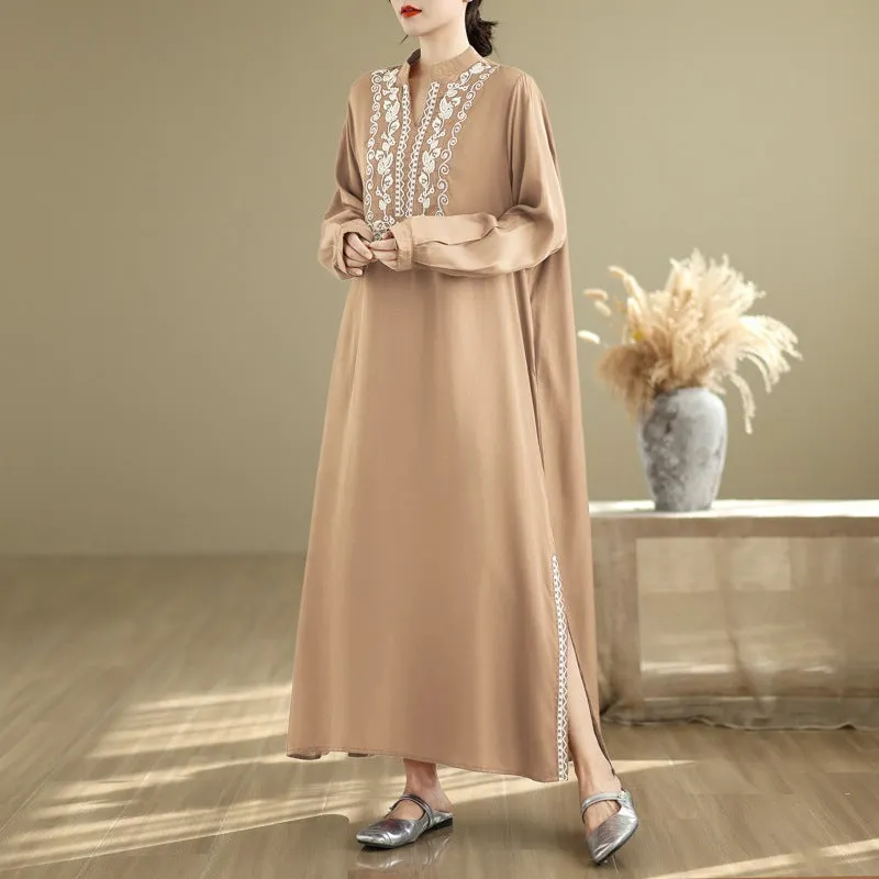 Maxct Women Spring Vintage Ethnic Embroidered Linen Maxi Dress