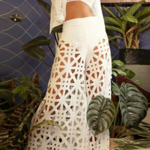 Maxct V Neck Fake Two-piece Crop Top Hollow Out Pants Set
