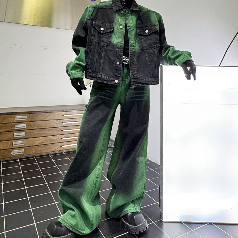 Maxct Spray-painted Denim Jacket and Wide-leg Trousers Two-piece Set