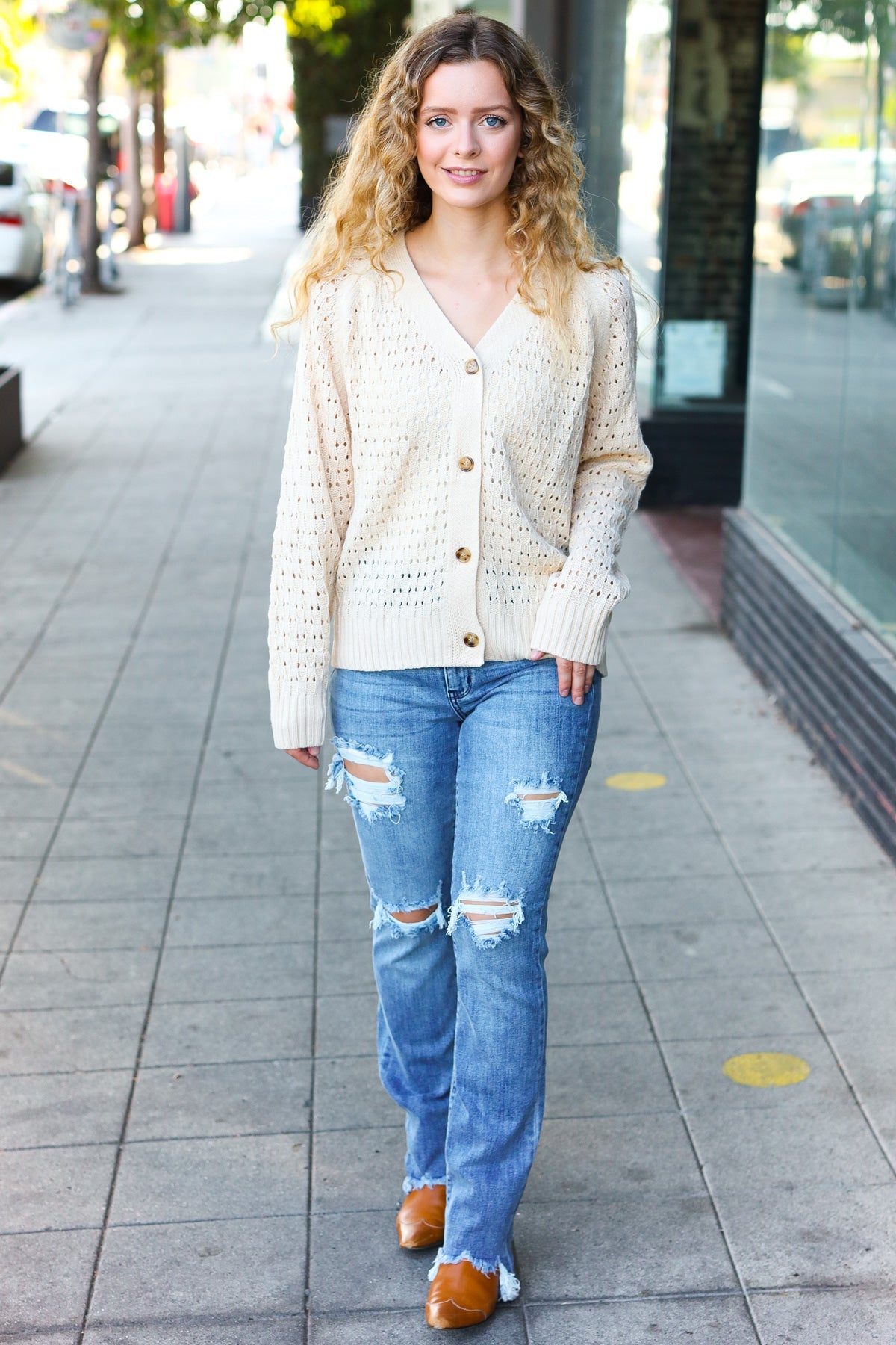 Maxct &Follow Me Oatmeal Pointelle Knit Button Down Cardigan