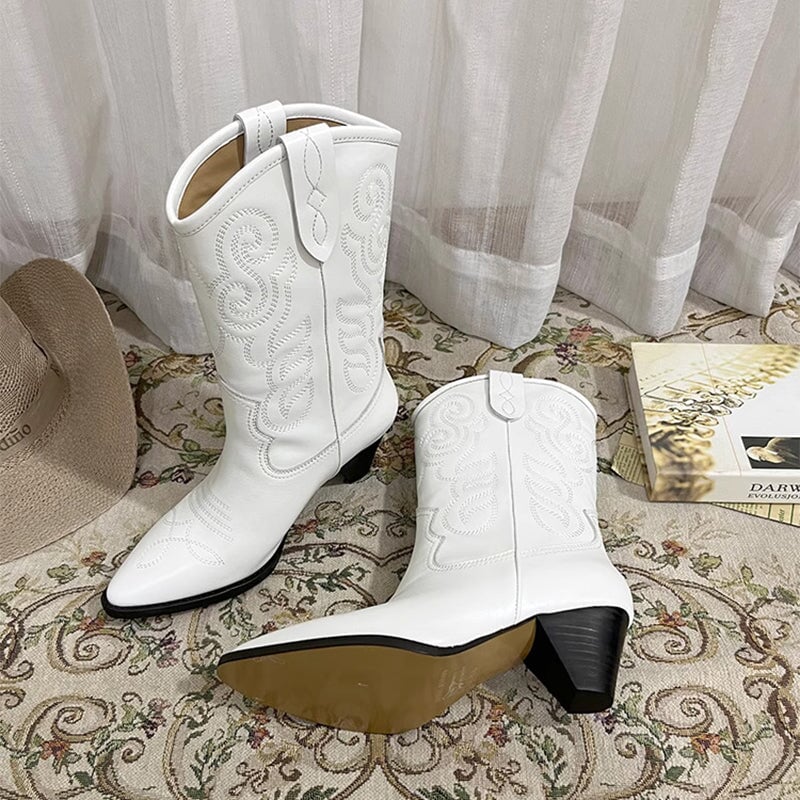 Womens Embroidered Western Boots Block Heel Short Boots All Genuine Leather Maxct