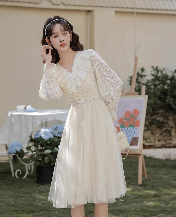 V-Neck Lace & Tulle Midi Dress Maxct