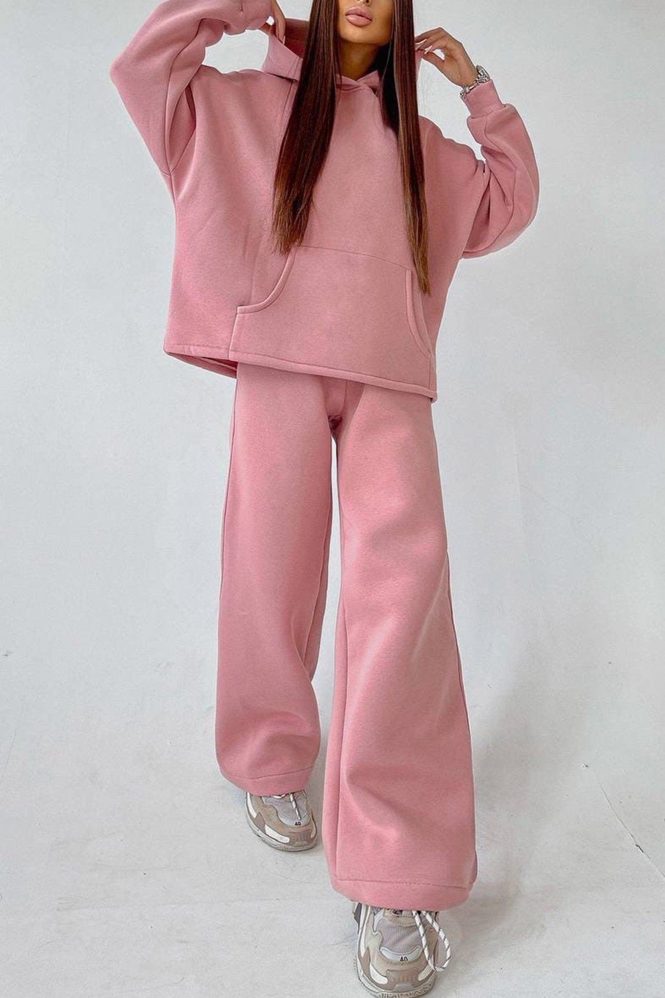Maxct-Solid Hoodie Wide Leg Long Pants Suits