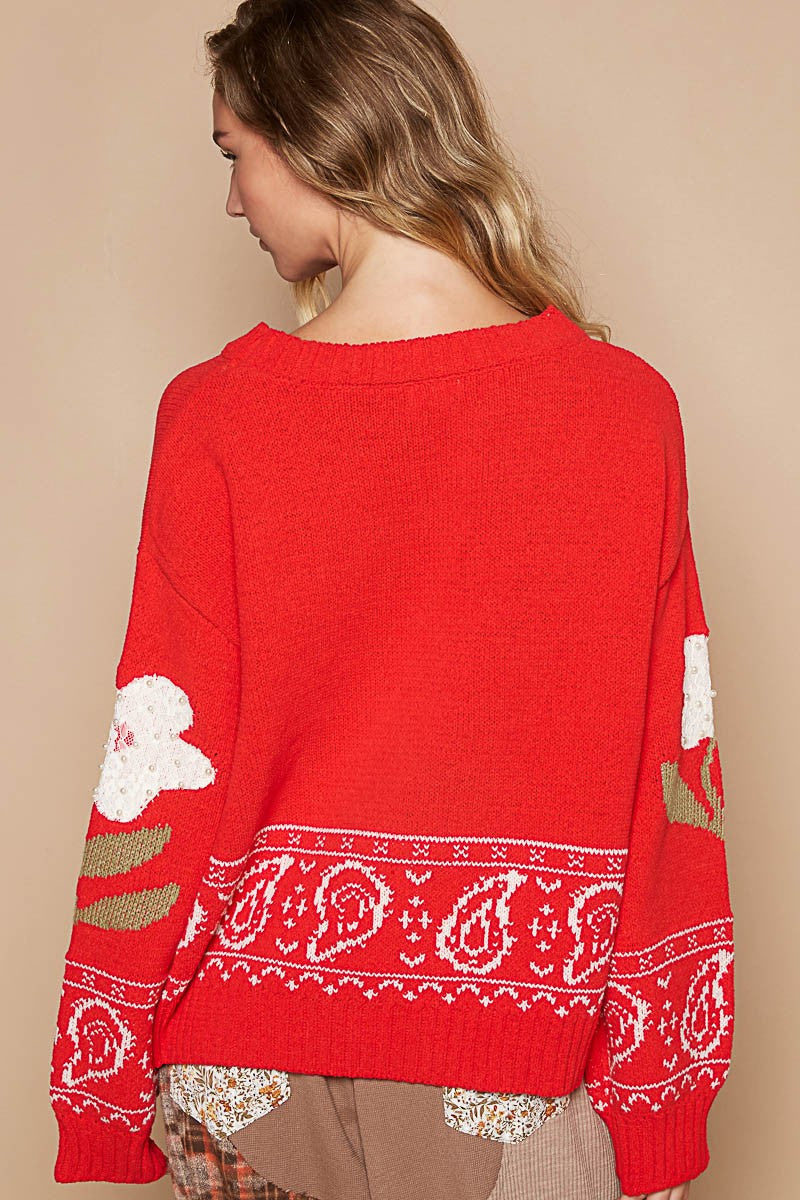 Maxct &POL Flower Lace Patch Long Sleeve Sweater