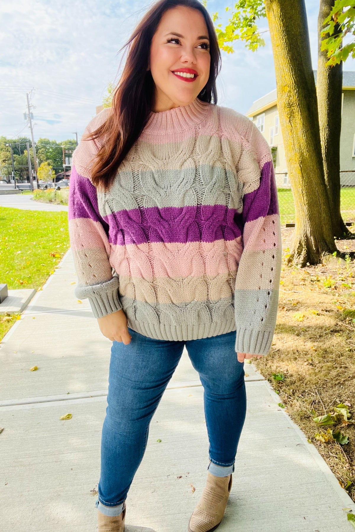 Maxct &Fall For You Mauve Multicolor Stripe Cable Knit Mock Neck Sweater