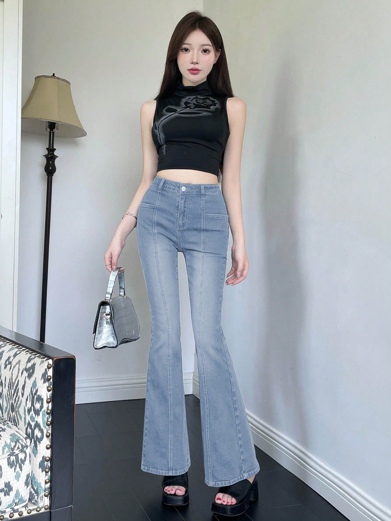 Maxct Solid Color Flared Denim Pants With Pockets, Casual