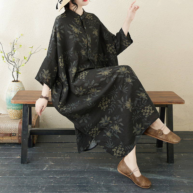 Women Spring Retro Loose Printed Buttoned Plus Size Dress