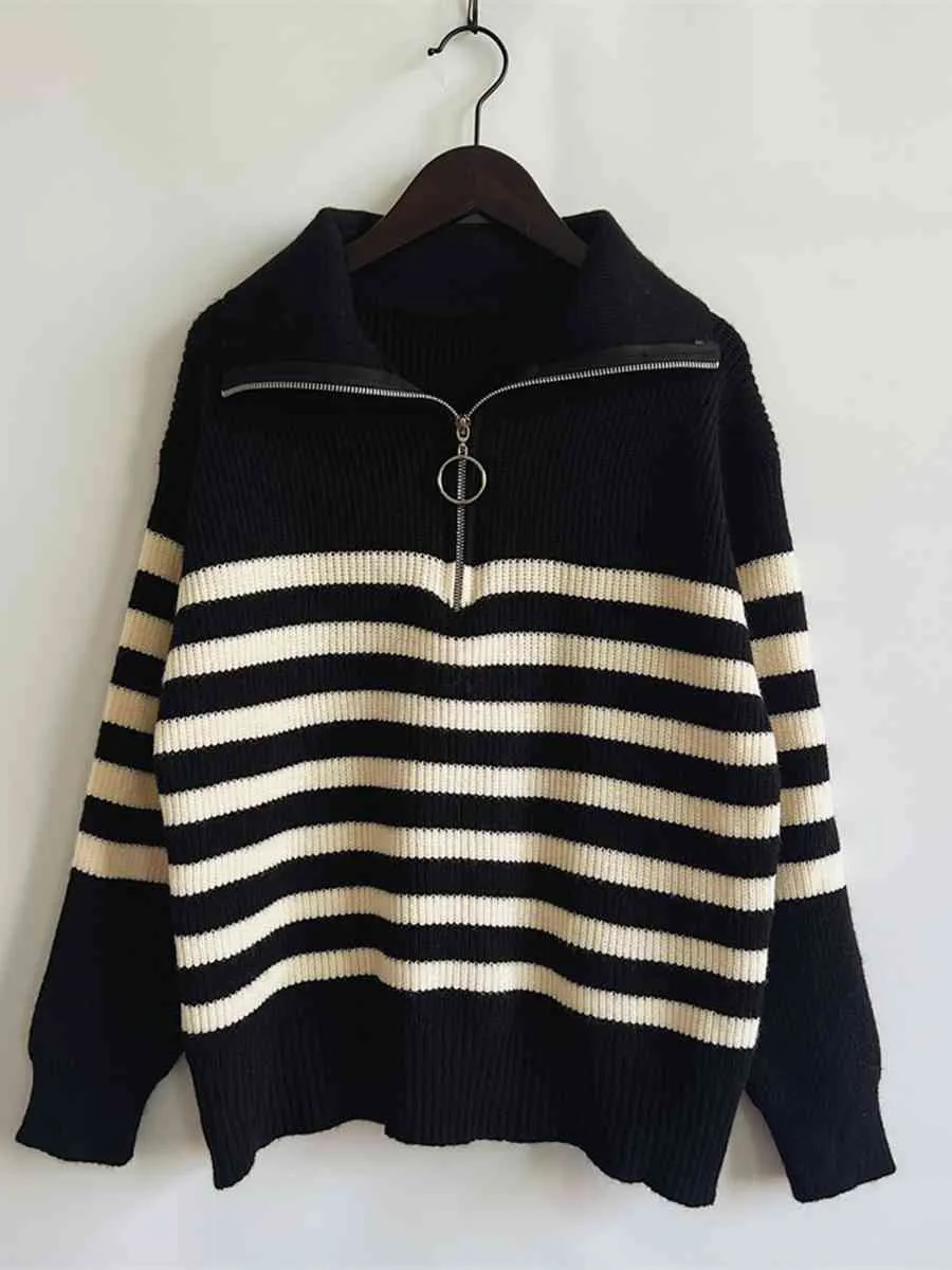 Maxct &Striped Half Zip Collared Sweater