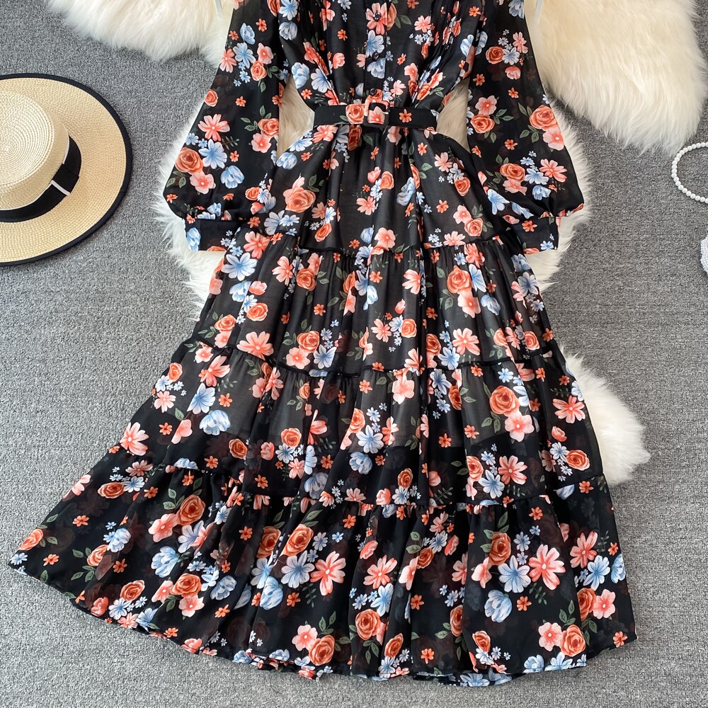 Floral Midi Dress Women Elegant V-Neck Lantern Long Sleeve High Waist Draped A-Line Casual Vestidos Female Spring Autumn