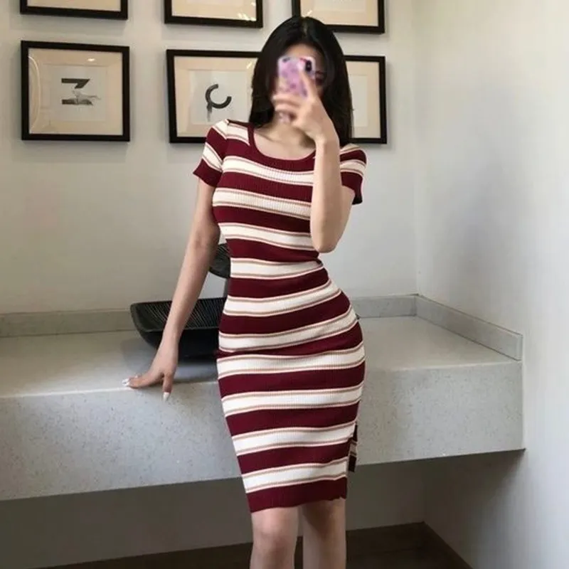 Maxct Women Elegant Maxi Strip Knit DressesA Line Casual Clothes Pullover Midi Robe Short Sleeve High Waist Ribbed Sexy Vestidos
