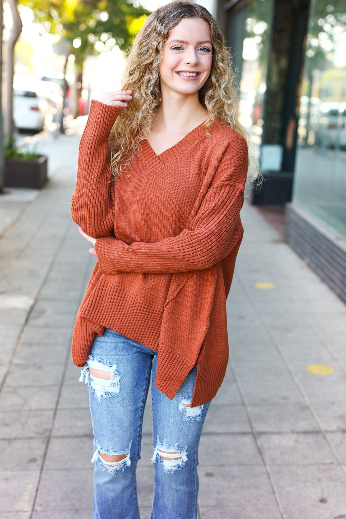 Maxct &Casual Chic Rust Oversized V Neck Rib Knit Sweater