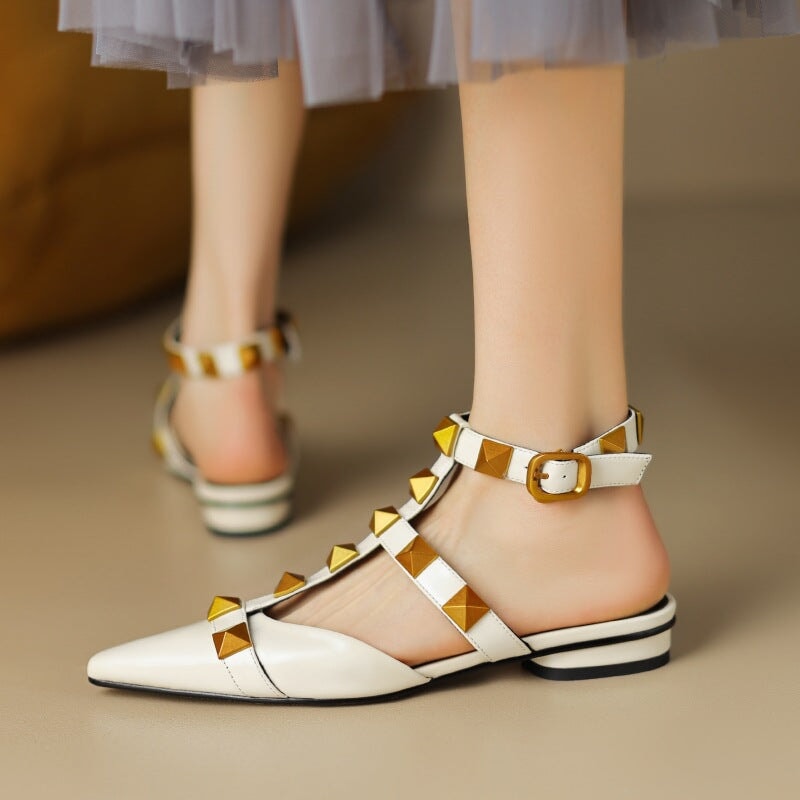 T Strap Rockstud Ankle-strap Flat Sandals Point Toe Slingback Maxct