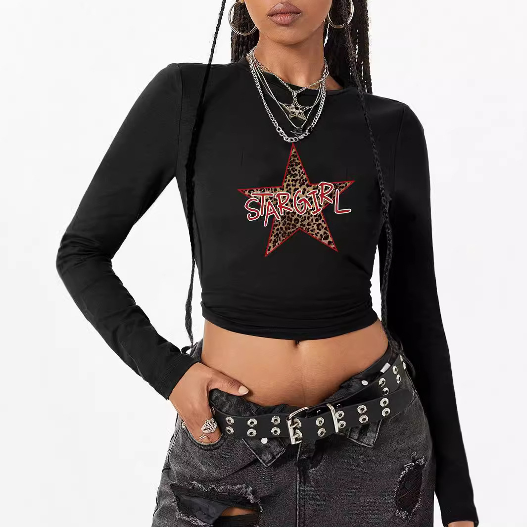 Maxct American Hot Girl round Neck Shoulder Long Sleeve Navel Top Fashion Street Slim Short T-shirt for Women