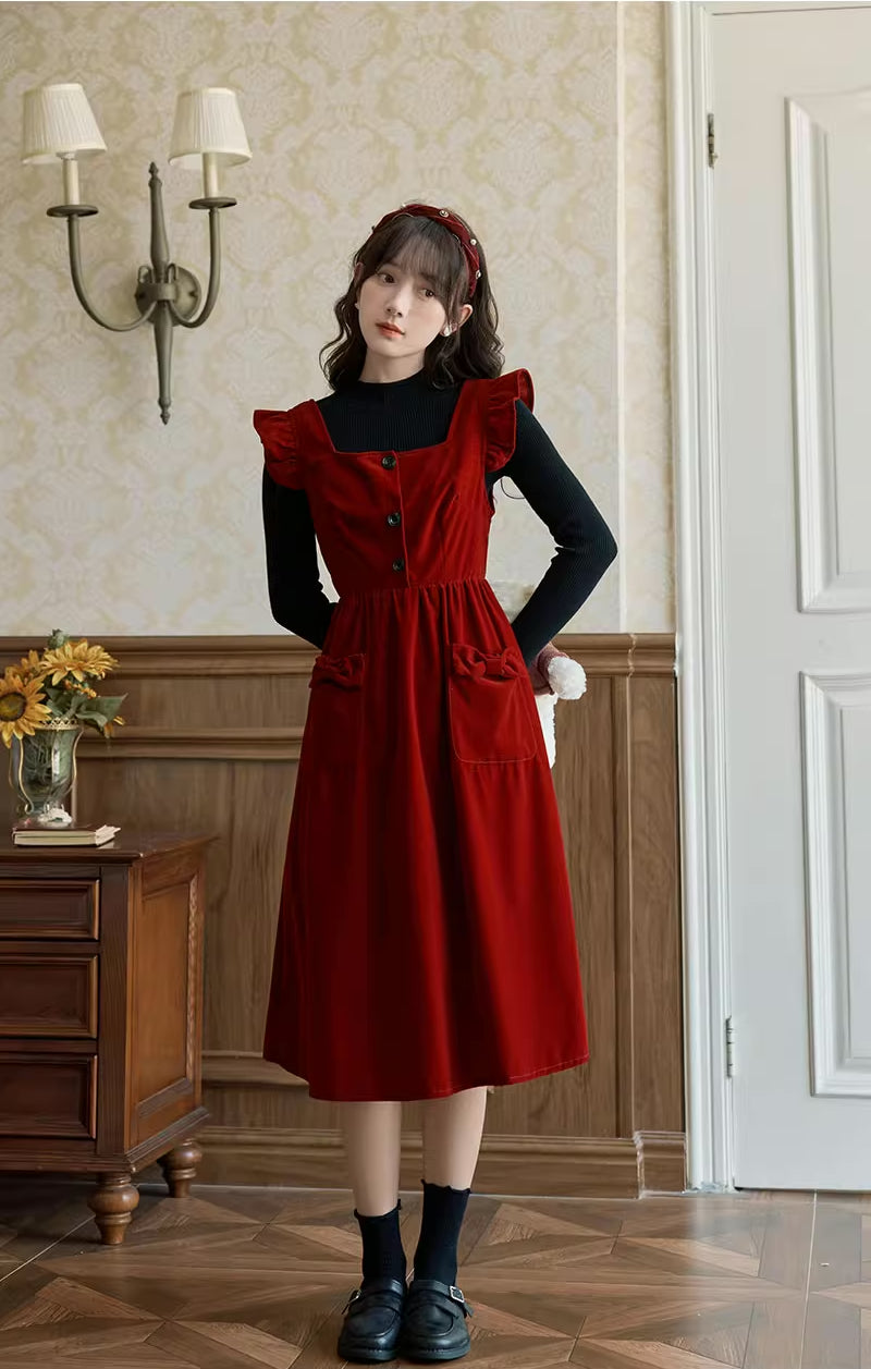 Velvet Frilly Bow Pinafore Dress Maxct
