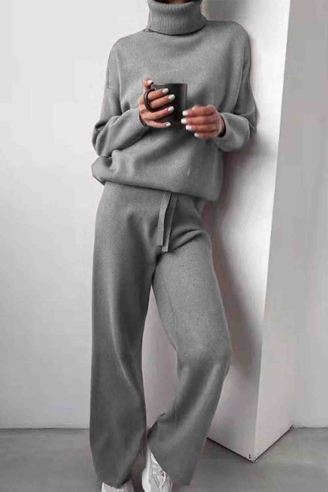 Maxct Solid Turtleneck Long Sleeve Long Pant Knitted Set