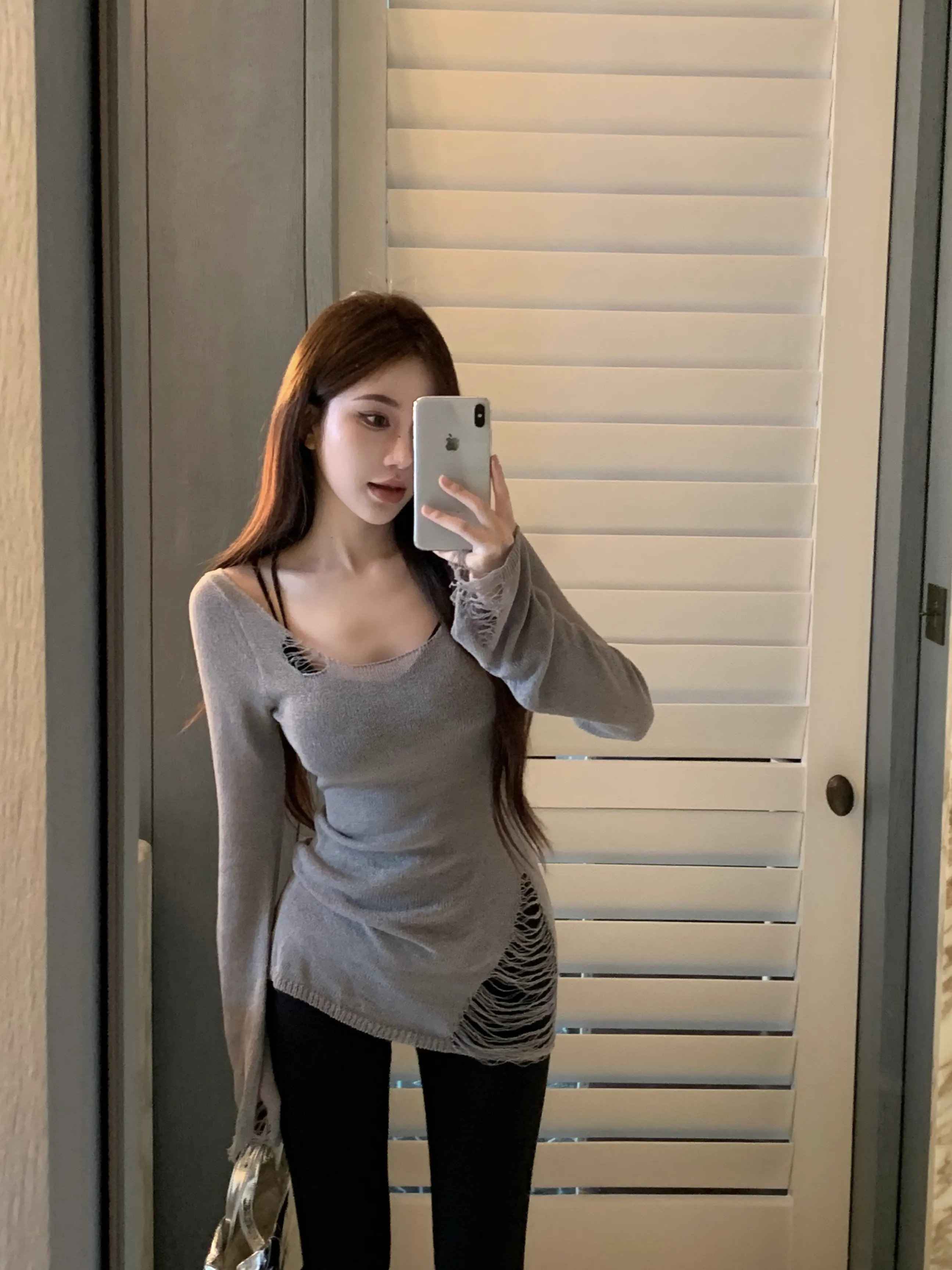 Maxct Korean Style Long-sleeved Ripped Thin Knitted Sunscreen Blouse T-shirt Tops With Small Tube Top Fashion Women's Clothing