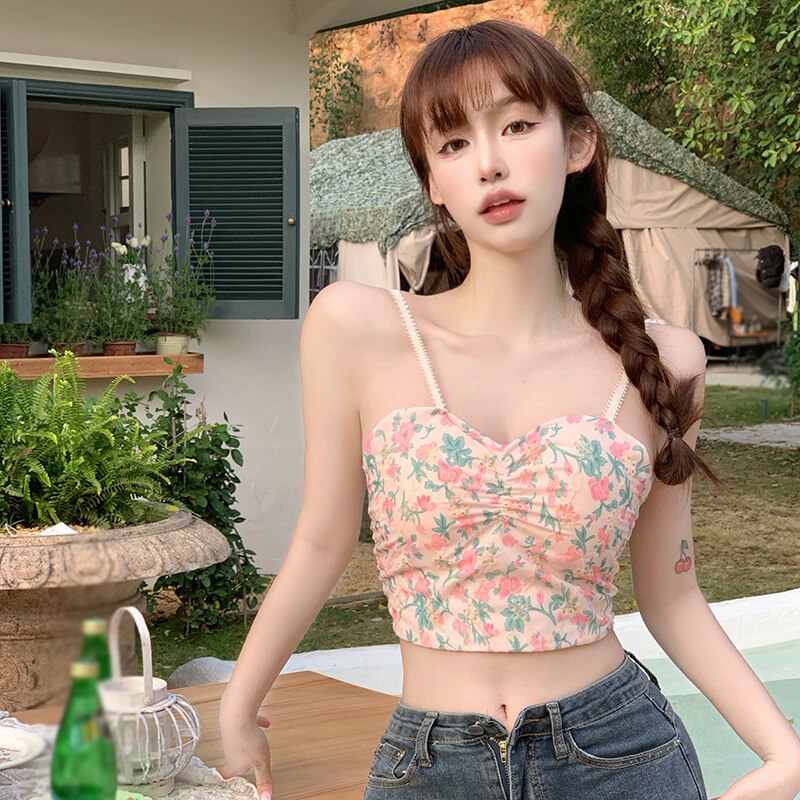 Maxct Tank Tops Navel Padded Women's Camisole Korean Version Floral Print Slim