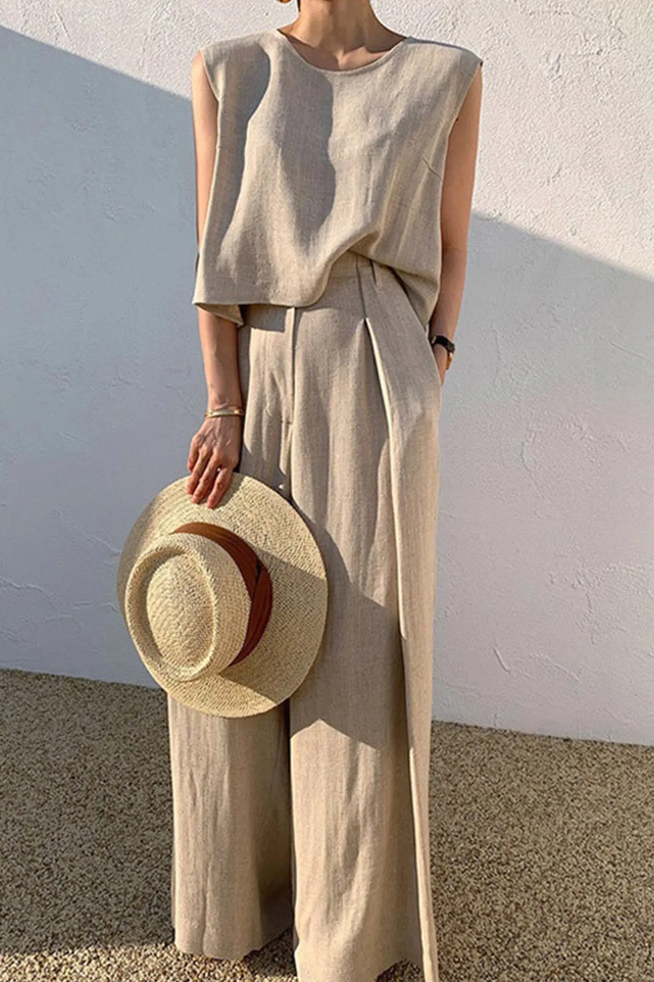 Maxct Cotton Solid Tank Pants Suits