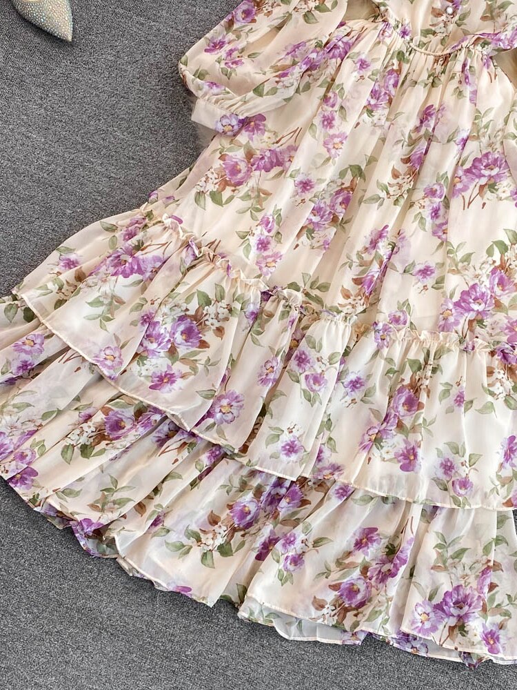 Vintage Floral Chiffon Long Dress Elegant O-Neck Puff Sleeve High Waist A-Line Ruffle Hem Vacation Beach Maxi Vestidos