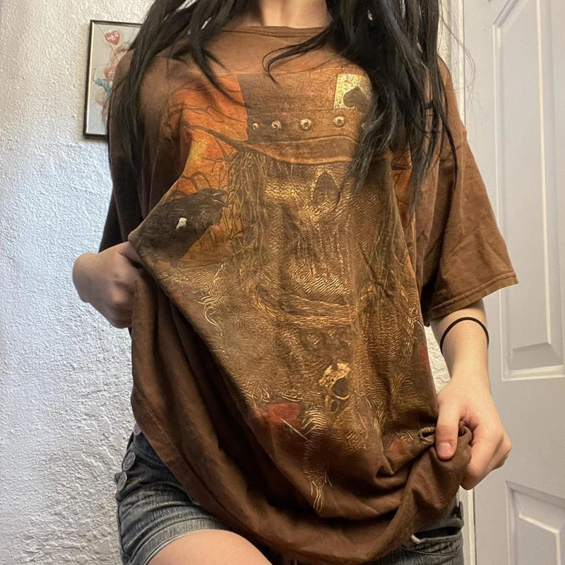 Maxct Punk Harajuku Grunge Short Sleeve Loose Tees E-girl Gothic Skulls Graphic Print T-shirt Y2K Aesthetic Vintage Pullovers Tops